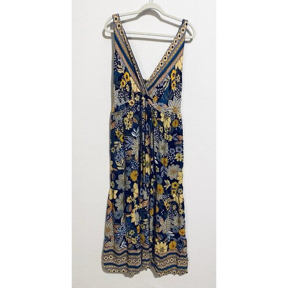 Angie Dress Womens 2X Boho Tropical Floral Tiered Maxi Strappy Hippie Beachy - Picture 1 of 6
